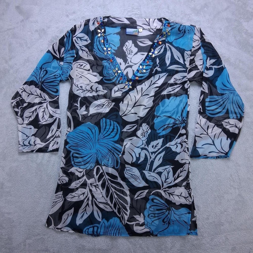 India Boutique Sheer Floral Tunic Top Blue Black Beaded Tropical Boho Small